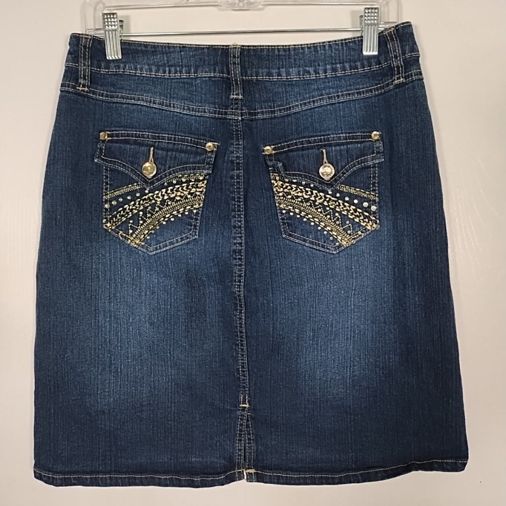Roz & Ali Womens 6 Denim Ramie Jean Mini Skirt Rhinestone Embellished Blue- READ